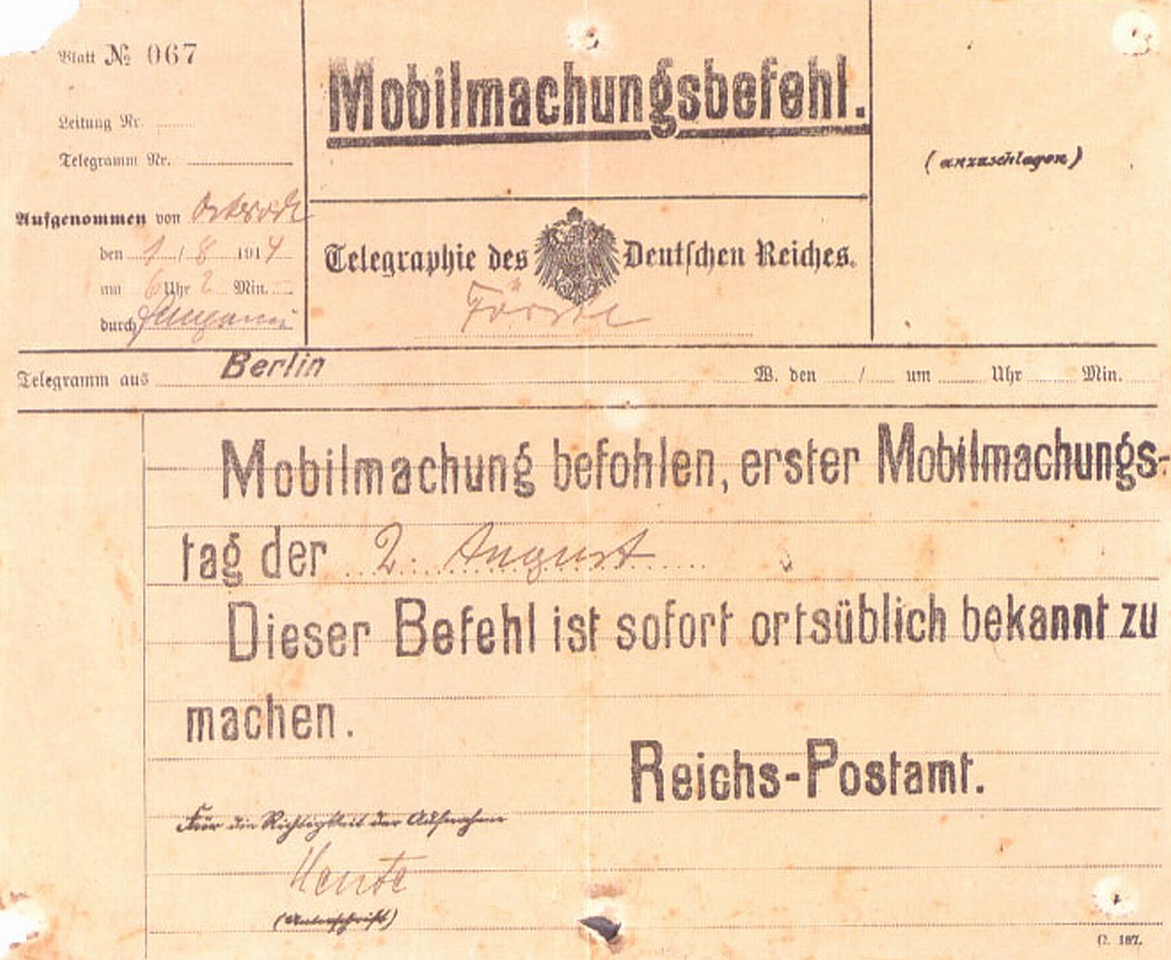 1. august 1914. Kl. 17:00 – Tyskland mobiliserer