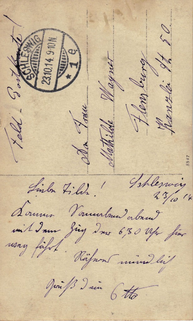 Bagsiden af fotografiet øverst på siden, afsendt fra Slesvig by 23. oktober 1914.