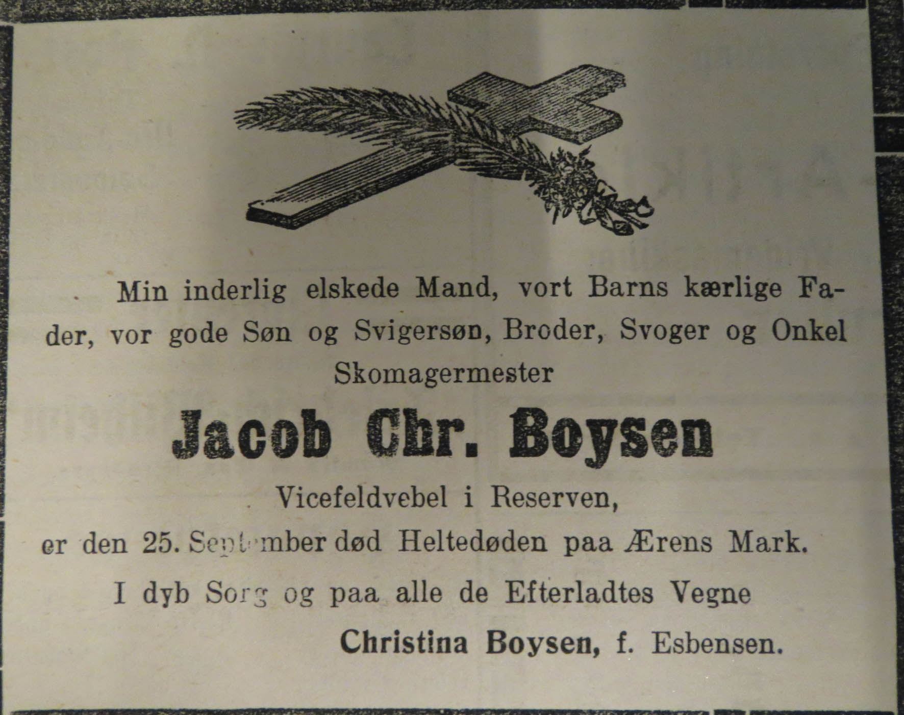 5. oktober 1914. Dødsannonce for skomagermester Boysen