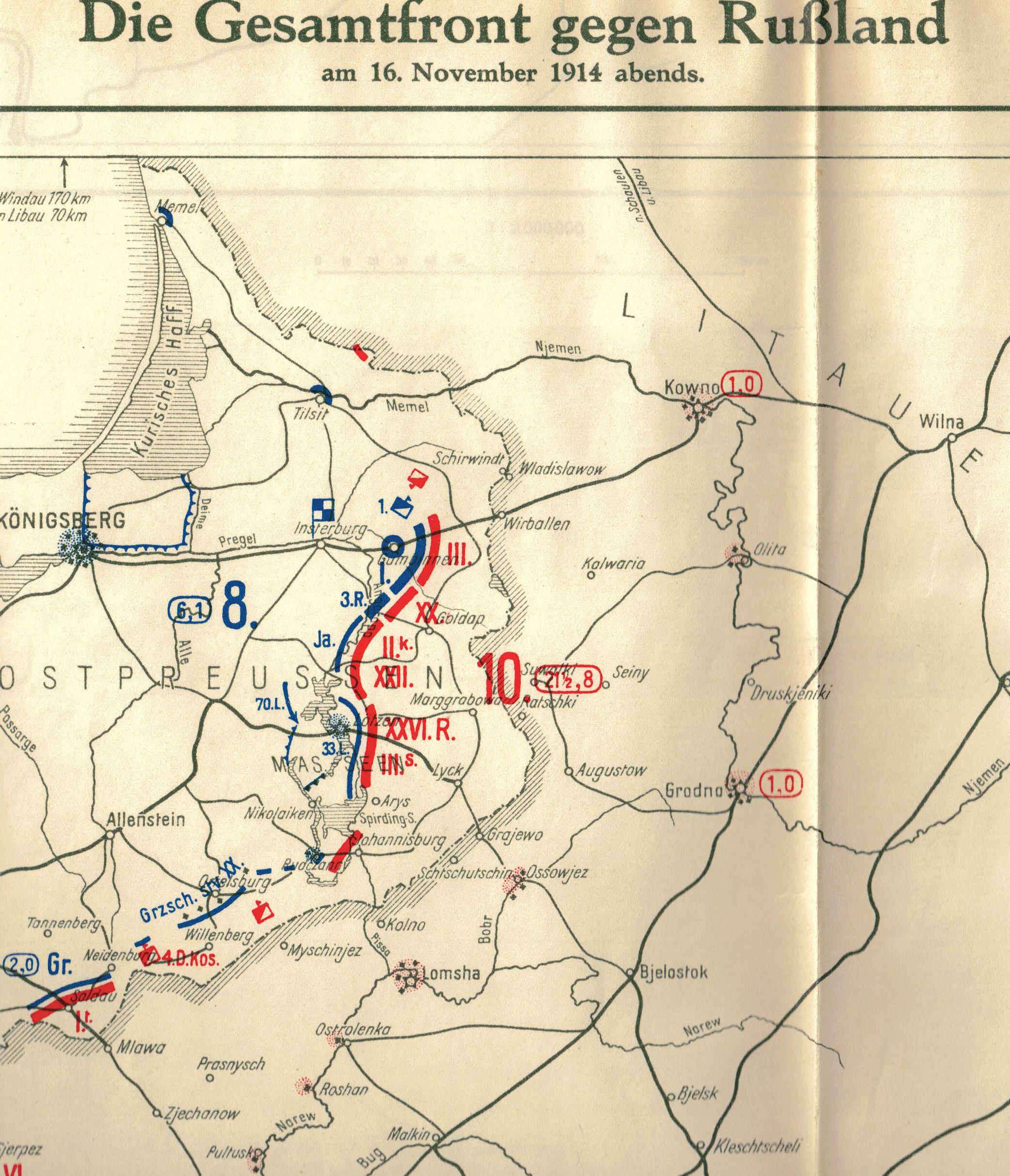 16. november 1914. Østfront. LIR nr. 84: ”Tilbagetrækning selvom man havde givet russerne et kraftigt slag.”