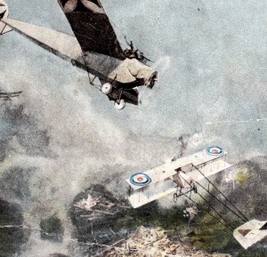 Tysk Fokker Eindecker angriber britisk flyvemaskine. Udsnit af postkor (Museum Sønderjylland - Sønderborg Slot)