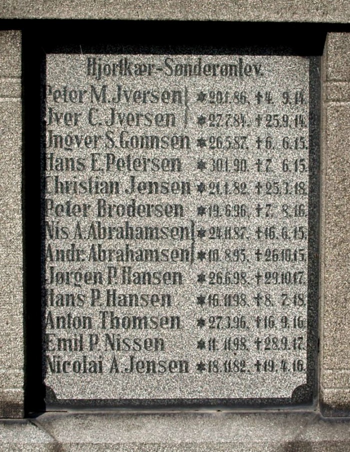 Mindesten, Hjordkær Kirkegård med de to brødre Nis Andreas og Andreas Abrahamsens navne