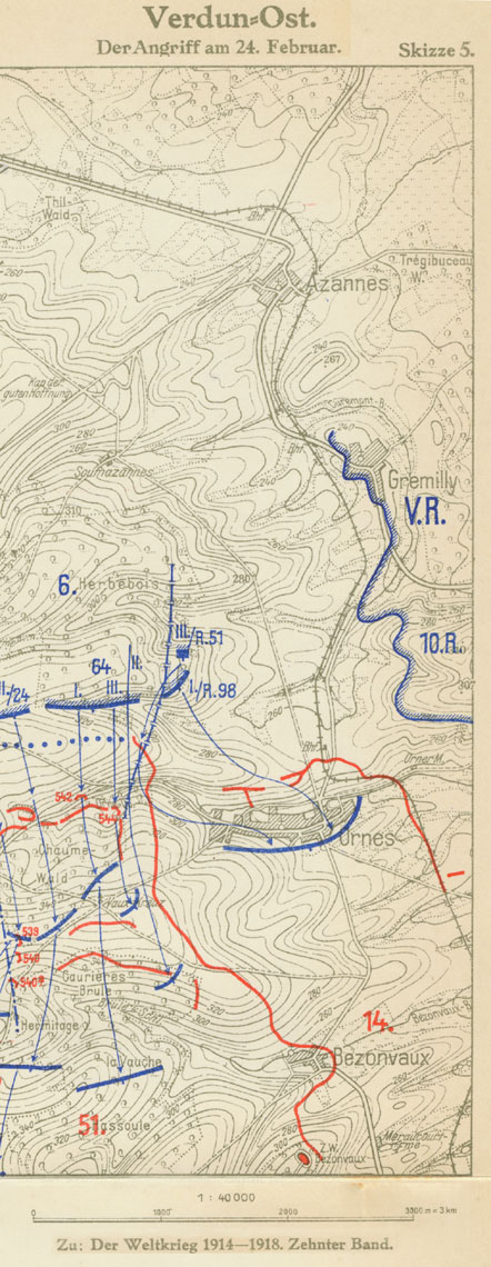 Udsnit af kort over det tyske angreb ved Verdun 24. februar 1916, fra Der Weltkrieg 1914-1918, bd. 10.