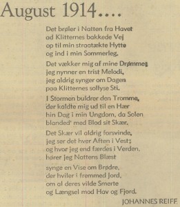 "August 1914 ...." ved Johannes Reiff. Trykt på forsiden af ekstranummer af Jydske Tidende, 1. august 1939. 