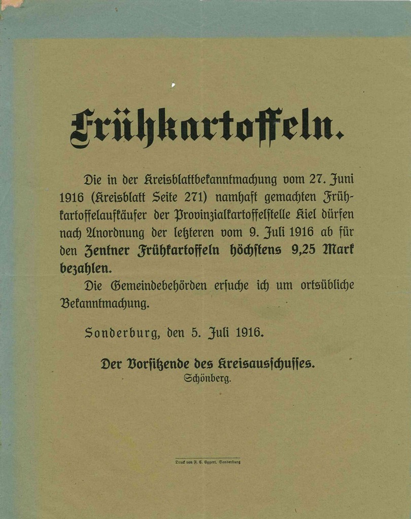 Bekendtgørelse 5. juli 1916 ang. maximum-priser på opkøb af tidlige kartofler.   Findes på Sønderborg Slot.