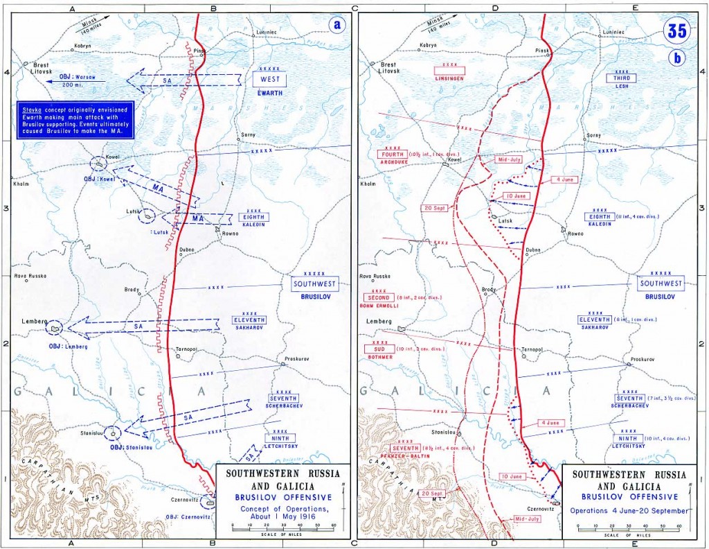 Den sydlige del af Østfronten: Brusilov-offensiven; til venstre planen for offensiven, til højre frontlinjens reelle udvikling fra juni til september 1916.