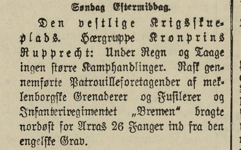 Udsnit af Flensborg Avis 27. november 1916 med omtale af kamppatrulje "Hansa" udført af blandt andet Infanterie-Regiment "Bremen" Nr. 75 25.-26. november 1916