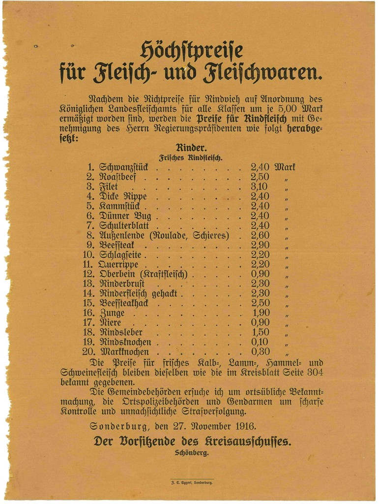Bekendtgørelse, dateret 26. november 1916, ang. maksimumpriser på oksekød. (Tilhører Sønderborg Slot)