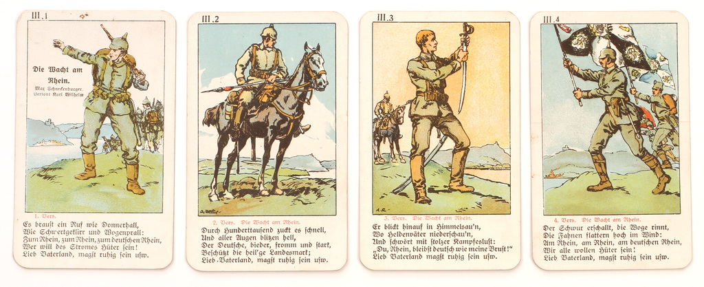 Serie fra tysk firkortspil "Soldatenlieder Quartett" med vers fra "Die Wacht am Rhein" (Zeppelin og Garnisonsmuseet Tønder)