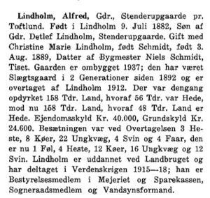 Biografi for Alfred Lindholm (1882-1957) trykt i "Danske Landmænd ..." 1944.